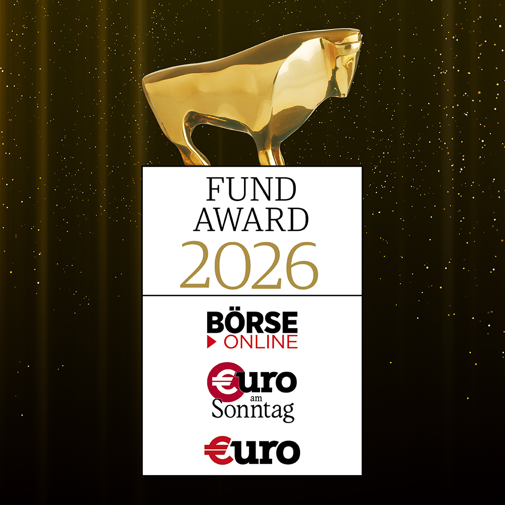 Das Bild zeigt das Logo des Fund Awards mit goldenem Bullen für das Jahr 2026