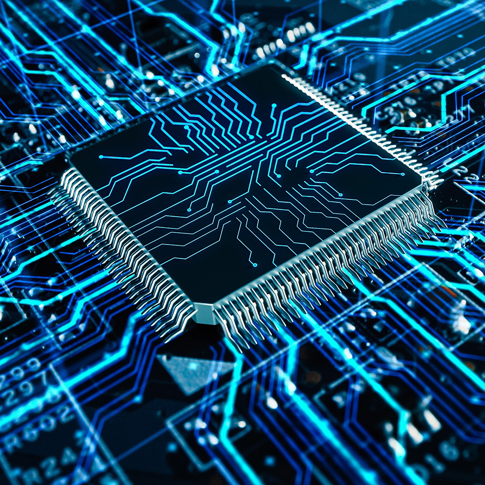 Das Bild zeigt einen Halbleiter Chip auf einer Leiterplatte und die virtuellen Verbindungen, dargestellt als leuchtende blaue Linien. Die Farben sind in verschiedenen Blautönen gehalten.