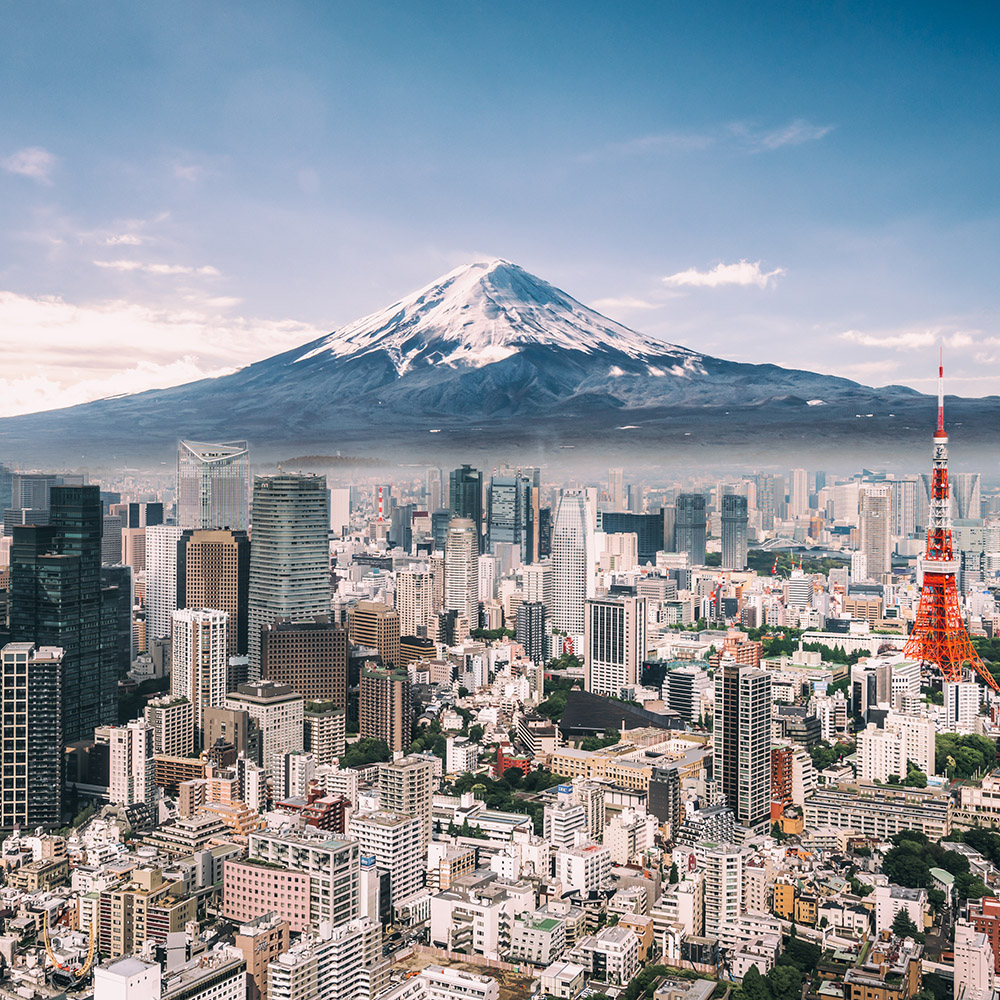 Das Bild zeigt die Stadt Tokio mit vielen Gebäuden und dem roten Tokio Tower. Im Hintergrund ist der Mount Fuji zu sehen. Titelbild des TBF JAPAN