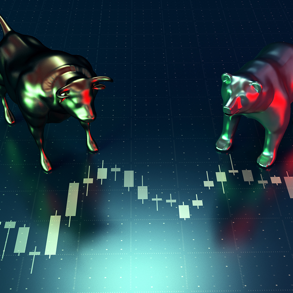 Das Bild zeigt links einen Bullen, rechts einen Bären, beide seitlich angeschnitten und sie stehen auf einem Candlechart