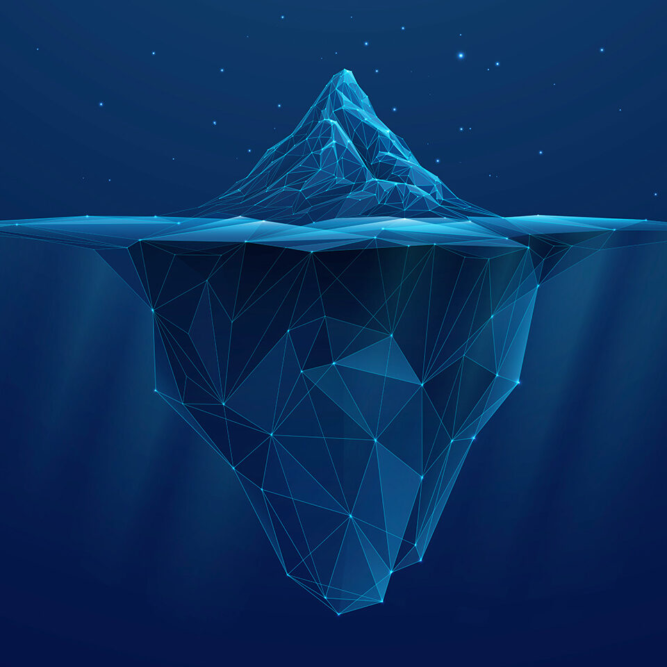 Das Bild zeigt einen Eisberg im typischen TBF Polygonstil. TBF Headerbild bei Transparenzen