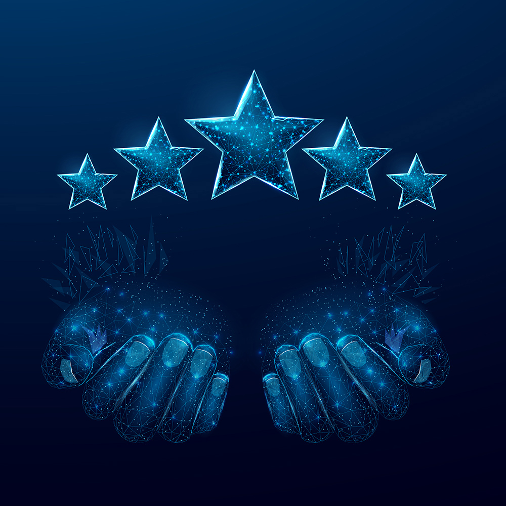 Das Bild zeigt 5 Sterne und zwei Hände darunter, der Bildstil ist im Polygon Stil