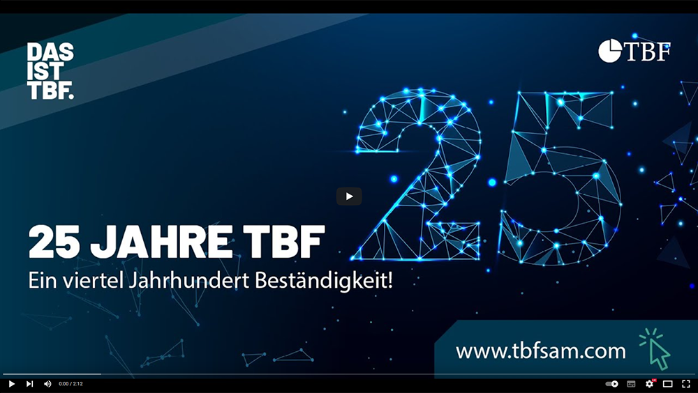 TBF Videos Bild zeigt die Zahl 25 und den Schriftzug: 25 Jahre TBF